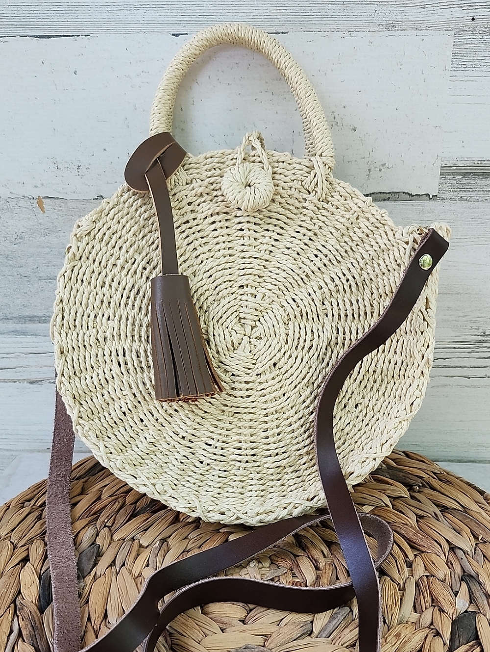 NWOT BUJI BAJA BY HAT ATTACK MINI COOPER ROUND STRAW/LEATHER CROSSBODY BAG